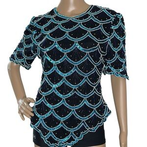 Laurence Kazar vintage sequin beaded black and blue top medium